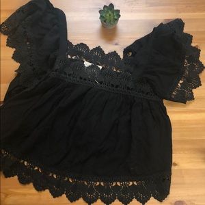 Moon River • Boho black lace top with bell short sleeves
